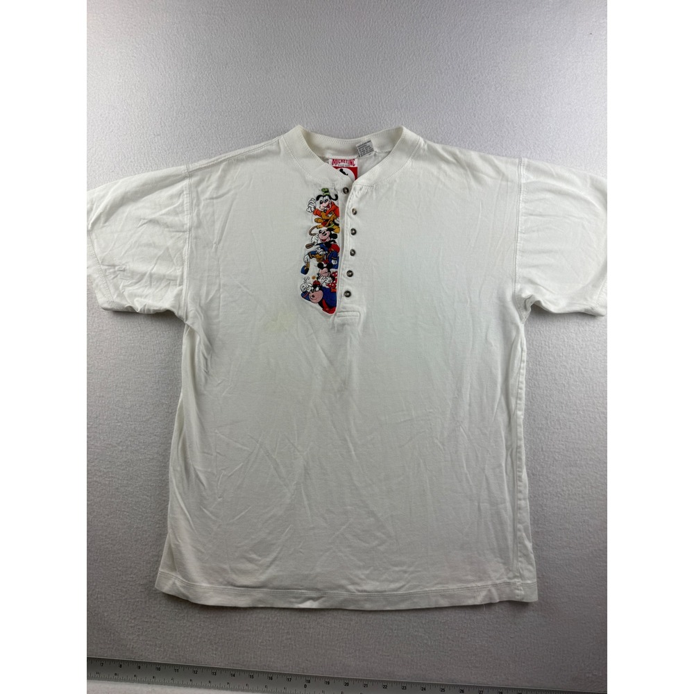 Vintage Mickey Inc White Henley Shirt Embroidered Disney Characters S/M Cotton